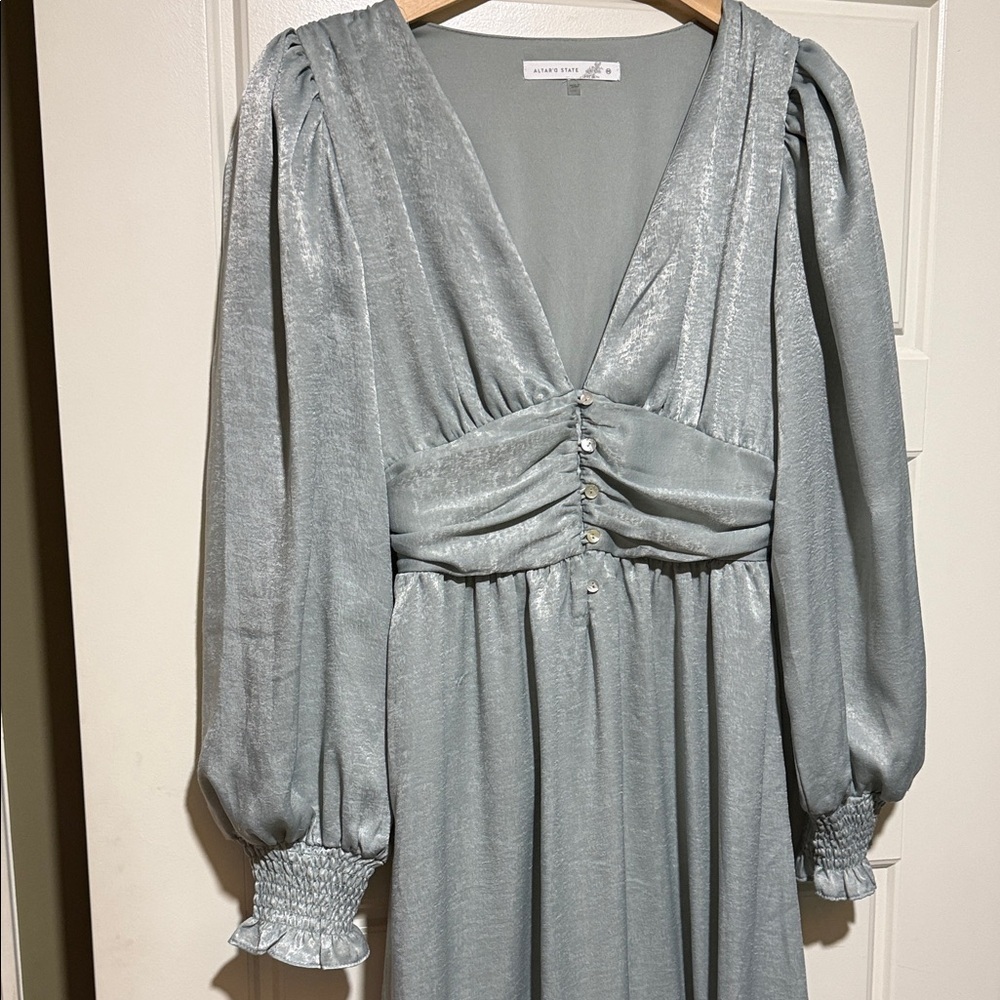 Altar'd State sage green Stevie satin maxi V-Neck Midi Dress with Puff Sleeves - Picture 5 of 9